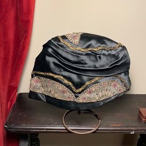 Vintage ladies hat satin with lace gold thread and beading.
